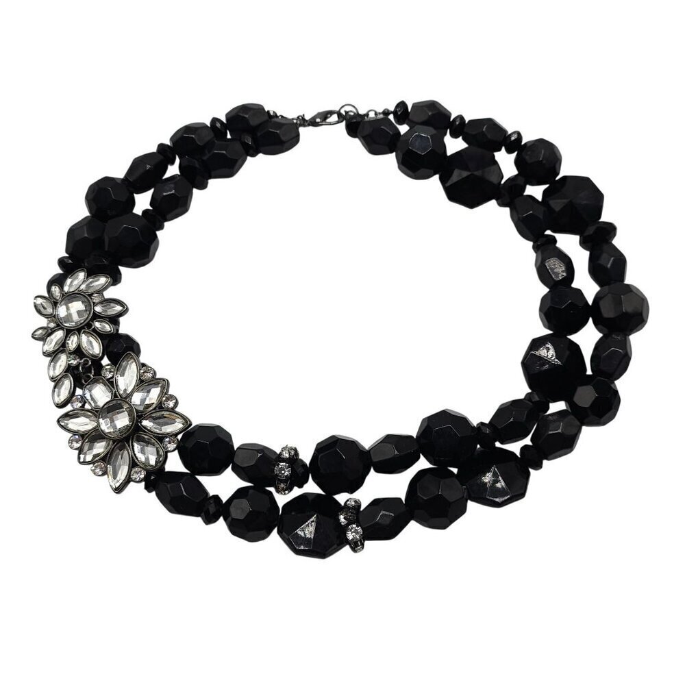 Vintage Black Faceted Beaded Necklace Clear Rhinestone Floral Accent